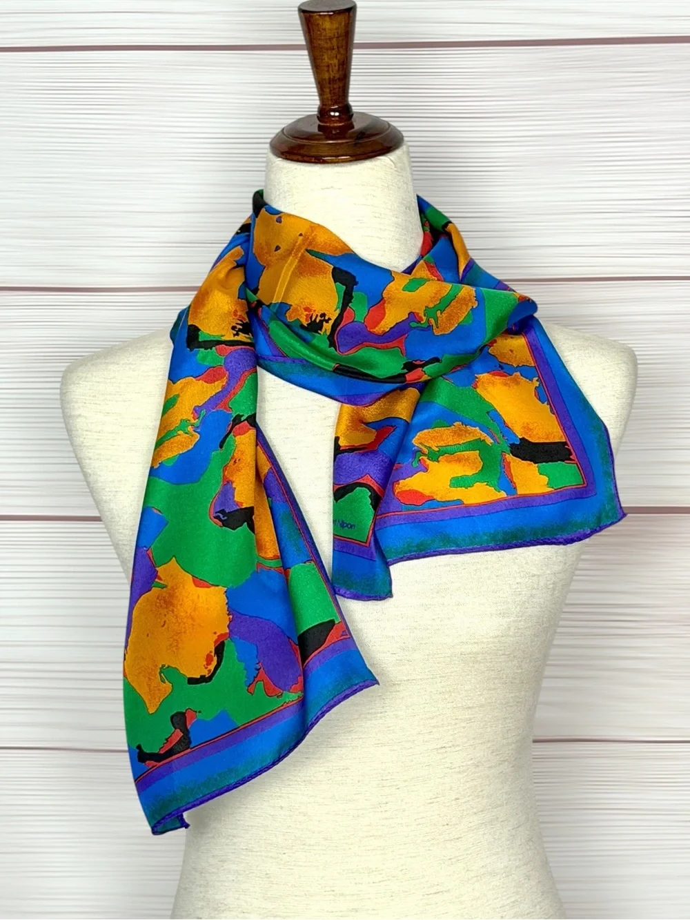 Albert Nipon Rectangle Silk Scarf Abstract Print Blue Orange Green Purple Japan